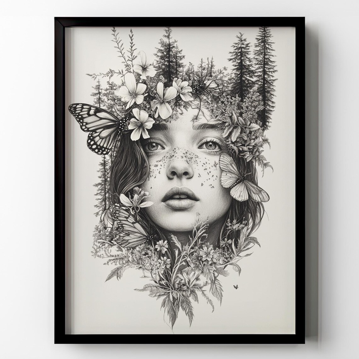 Forest Girl with Butterflies Botanical Ink Portrait Art Poster