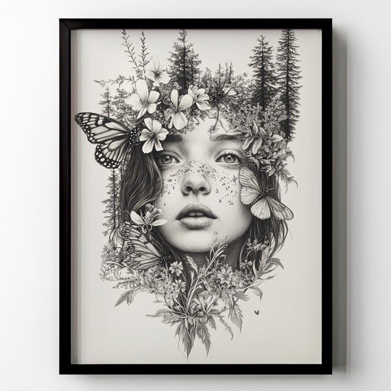 Forest Girl Wall Art Wildflower Butterfly Floral Wall Decor Vintage Flowers Black White Drawing Gift Idea