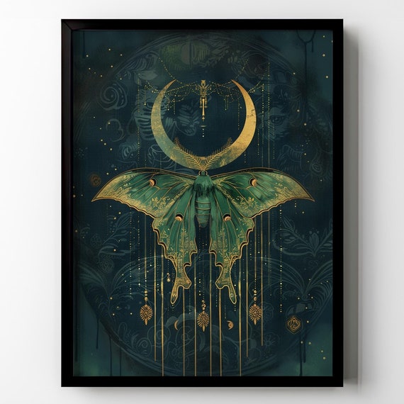 Luna Moth Cottagecore Poster Print Crescent Moon Actias Floral Modern Occult Fairycore Witchy Gothic Wall Art Artwork Gifts Matte Poster