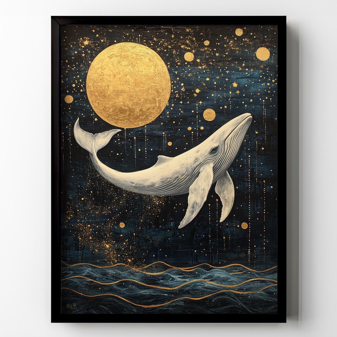 White Whale Swimming in Starry Night Sky Golden Moon Art Print