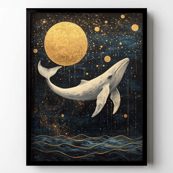 White Whale Swimming in Starry Night Sky Golden Moon Art Print