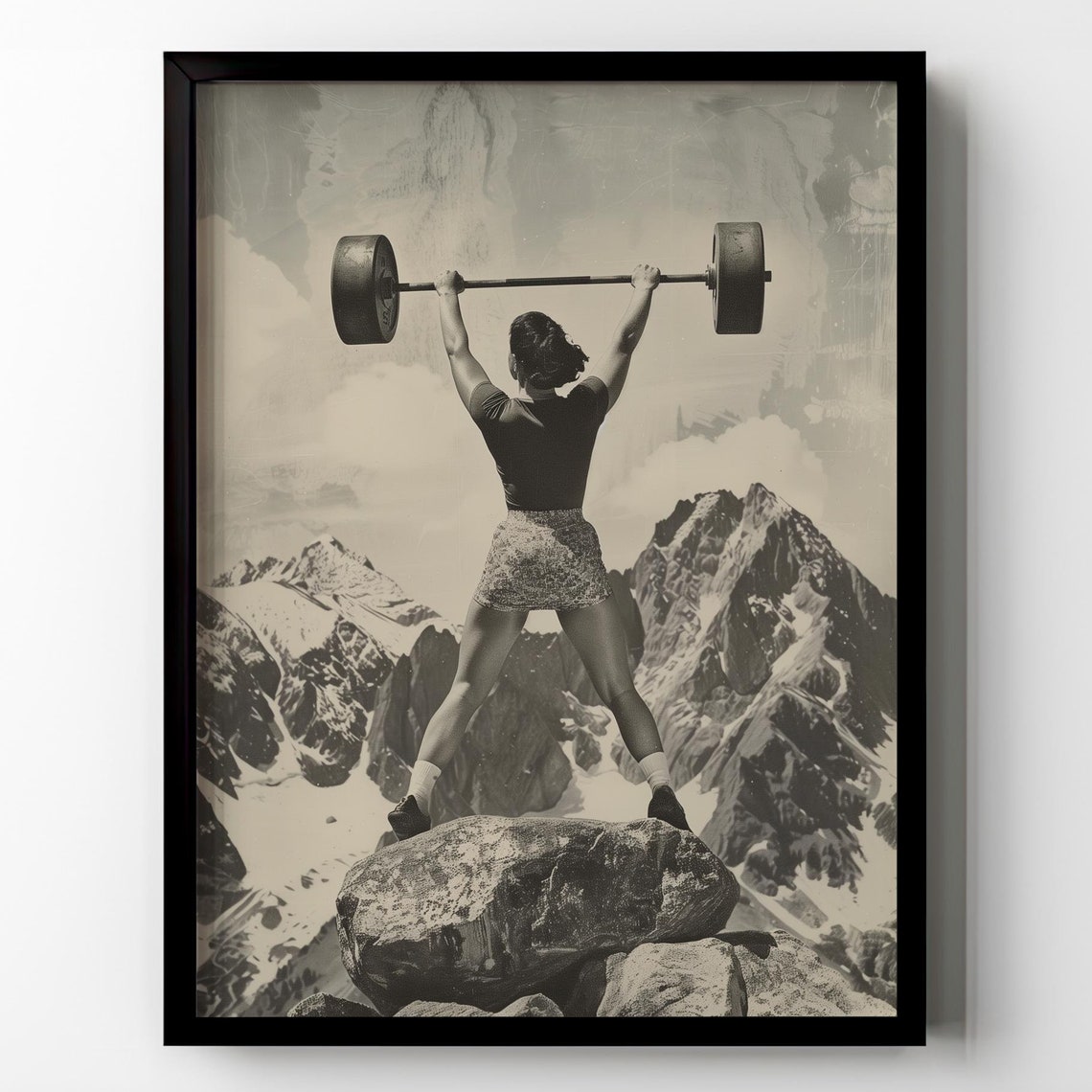 Vintage Gym Framed Poster Print Strong Woman Weightlifting Black White Photo Home Gym Wall Art Fitness Room Sports Wall Decor