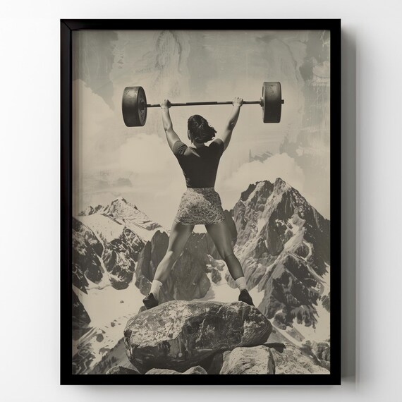 Strong Woman Barbell Mountain Peak Vintage Gym Motivational Poster