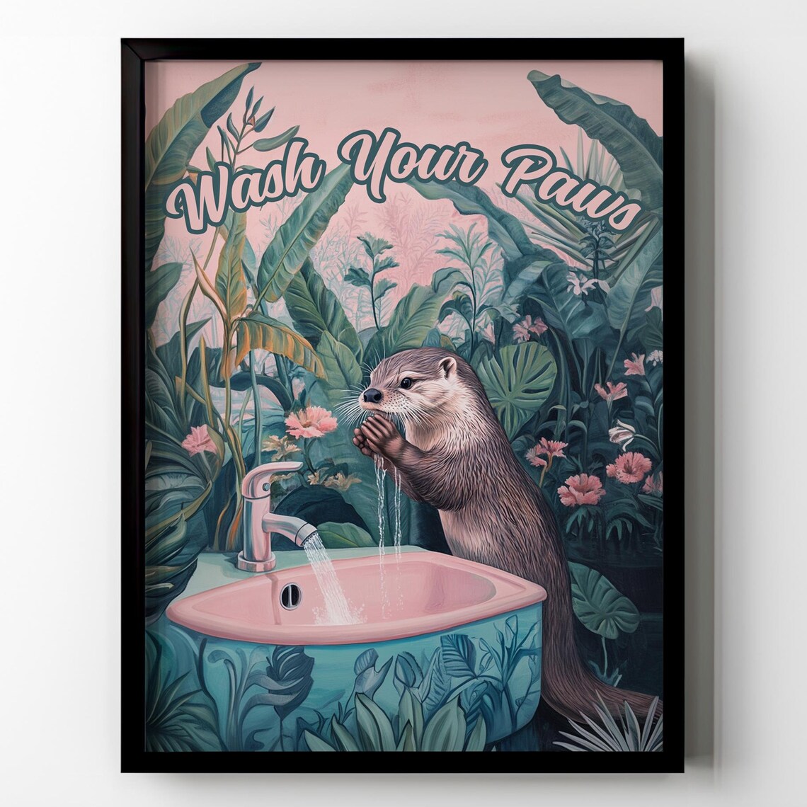 Wash Your Paws Otter Pink Sink Funny Tropical Bathroom Wall Art
