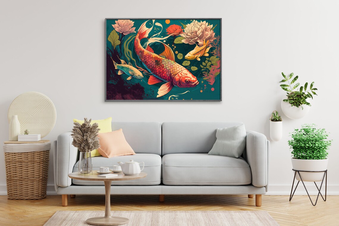 Red Koi Fish With Lotus Flowers Japanese Ukiyo E Style Poster - Image 2