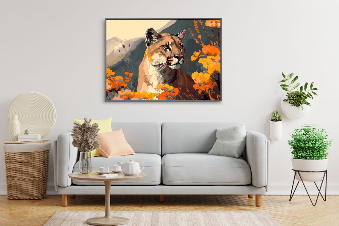 Mountain Lion Orange Wildflowers Mountain View Wildlife Poster - Image 2