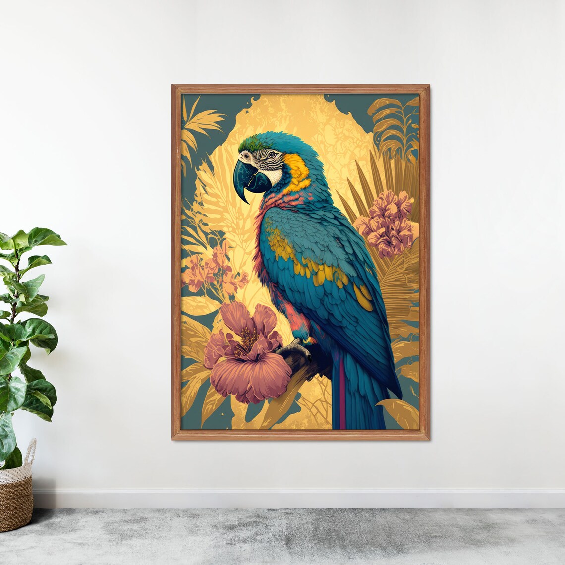 Blue And Yellow Macaw Poster Tropical Hibiscus Flowers Gold Decor - Image 3