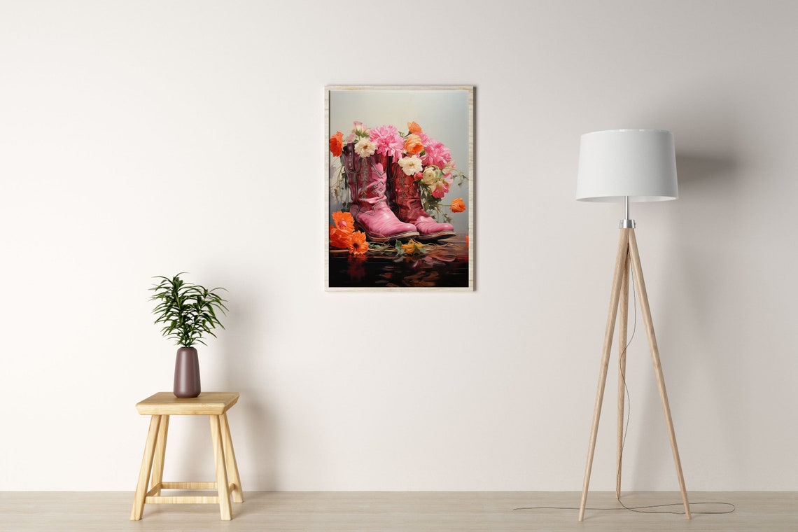 Pink Cowboy Boots Filled With Floral Bouquet Western Art Poster - Image 3