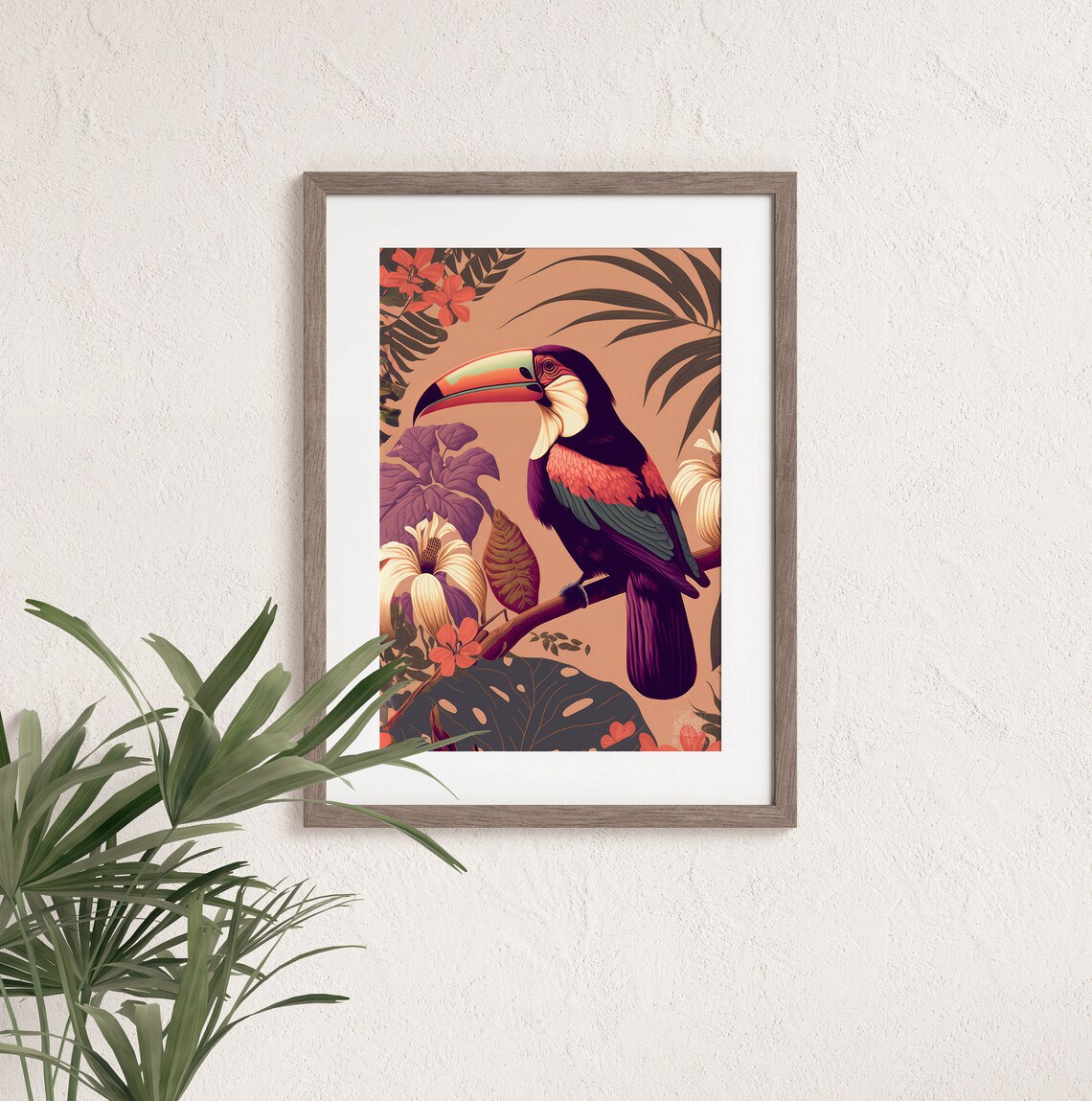 Tropical Toucan Poster Perched Among Flowers Peach Botanical Art - Image 2
