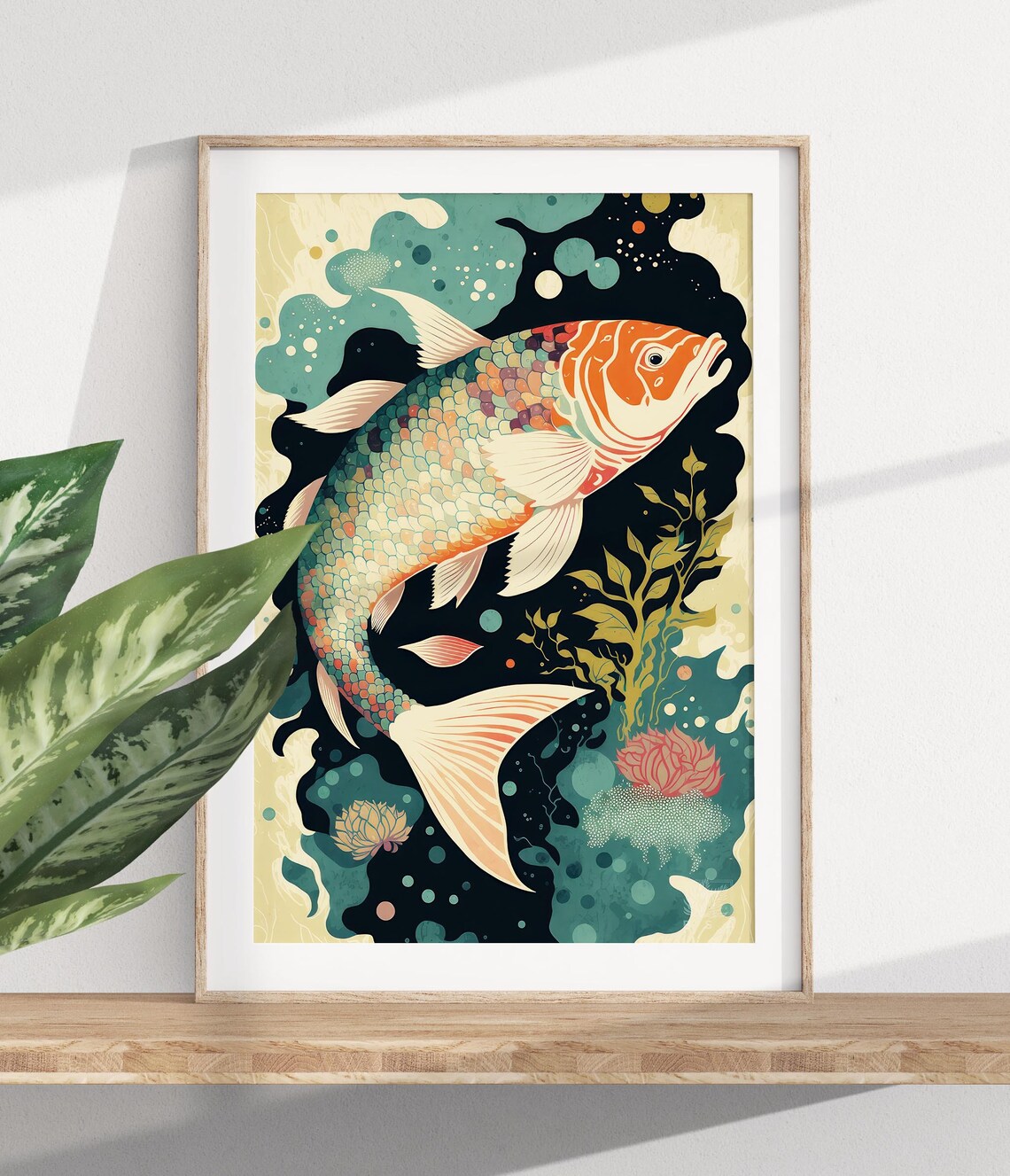 Colorful Koi Fish Lotus Blossoms Japanese Style Aquatic Poster - Image 2
