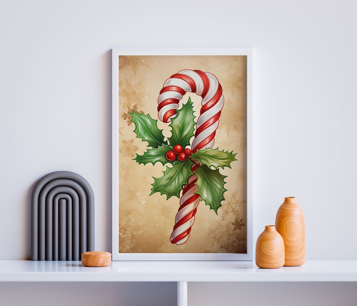 Christmas Candy Cane Holly Sprig Beige Snowflake Festive Sweet Wall Art - Image 2