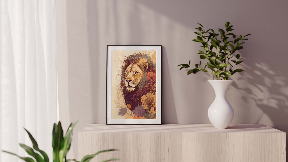 Lion Head Golden Autumn Flowers Botanical Modern Wildlife Poster - Image 3