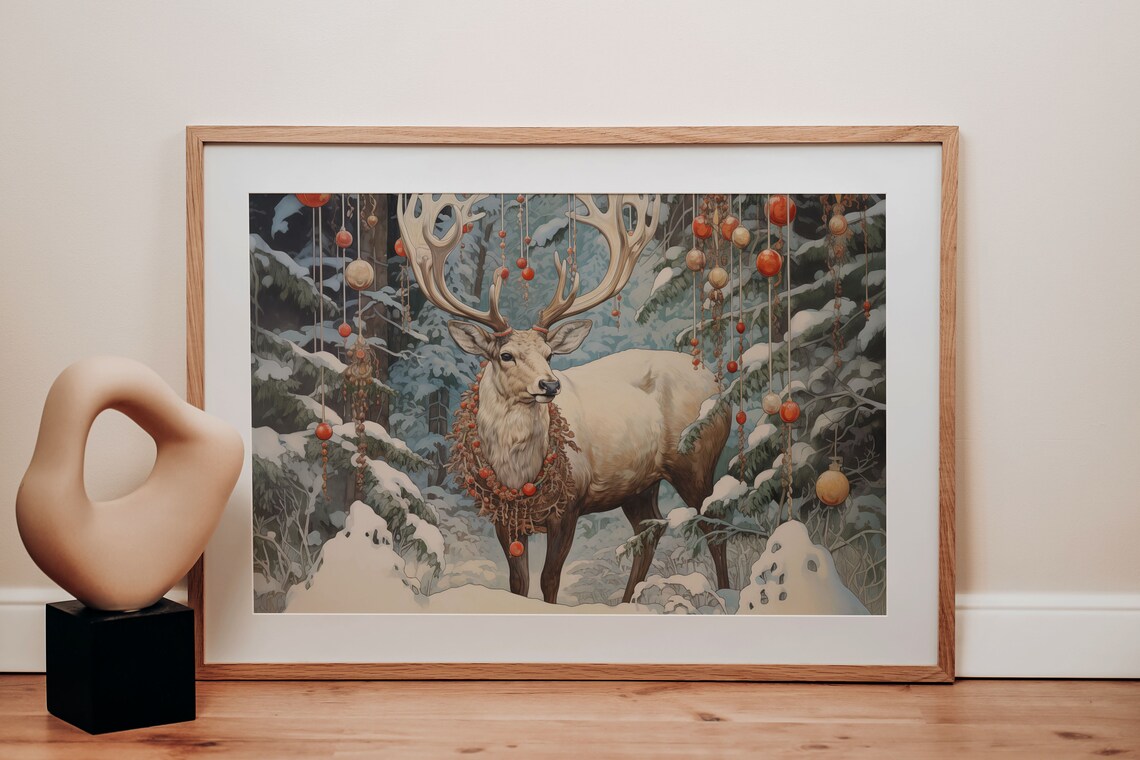 Christmas Reindeer Print Christmas Decoration Winter Christmas Wall Art Vintage Reindeer Caribou Painting Holiday Decor Christmas Art - Image 2