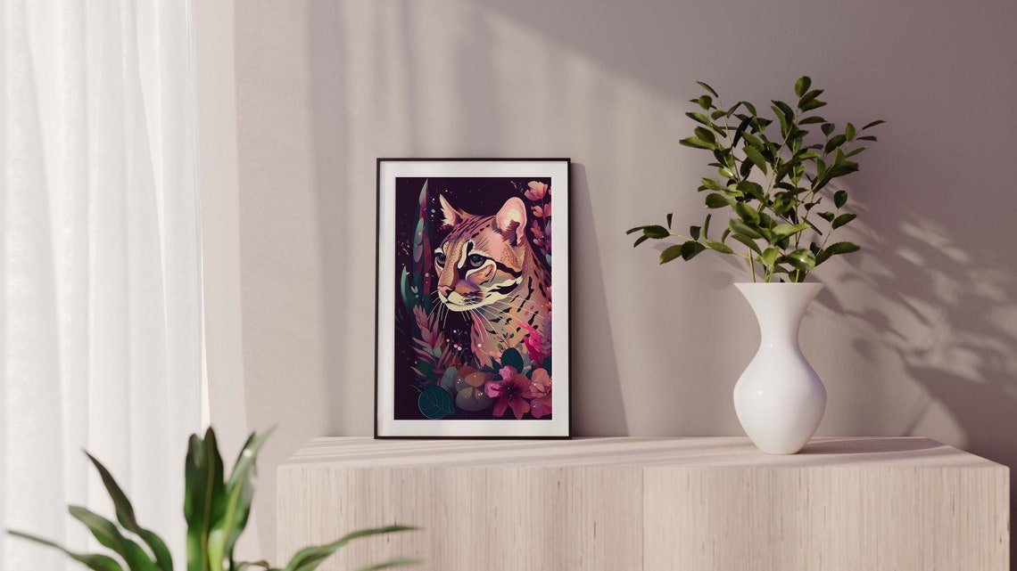 Ocelot Close Up With Neon Jungle Flowers Night Wildlife Poster - Image 4