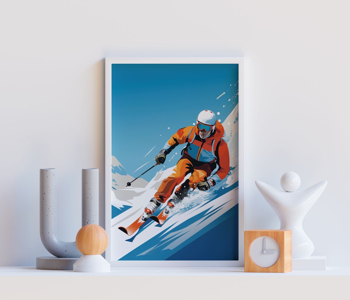 Modern Freeride Skier Bold Blue Mountain Slope Skiing Action Poster - Image 2