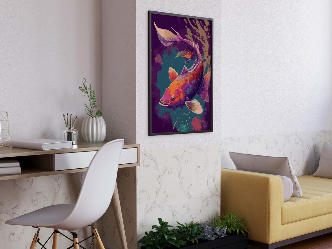 Vibrant Neon Koi Fish Swirling in Deep Purple Waters Art Poster - Image 3