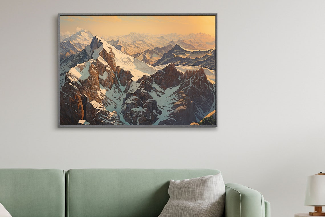 Snowy Mountain Peaks Golden Sunset Alpine Landscape Scene Poster - Image 2