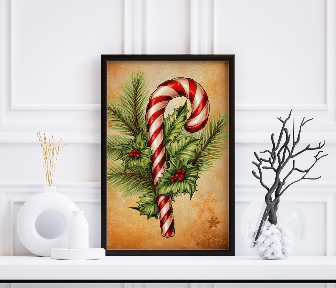 Vintage Candy Cane With Holly Berries Golden Christmas Nostalgic Wall Art