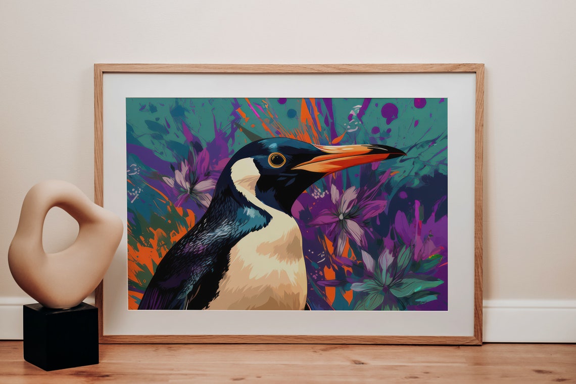 Purple Penguin Floral Print Jungle Penguin Poster Art Wildlife Nursery Decor Modern Chic