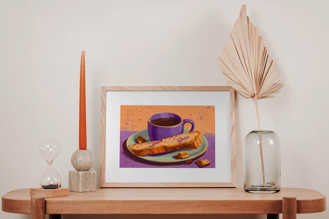 Purple Coffee Cup with Biscotti Colorful Modern Kitchen Art Poster - Image 2