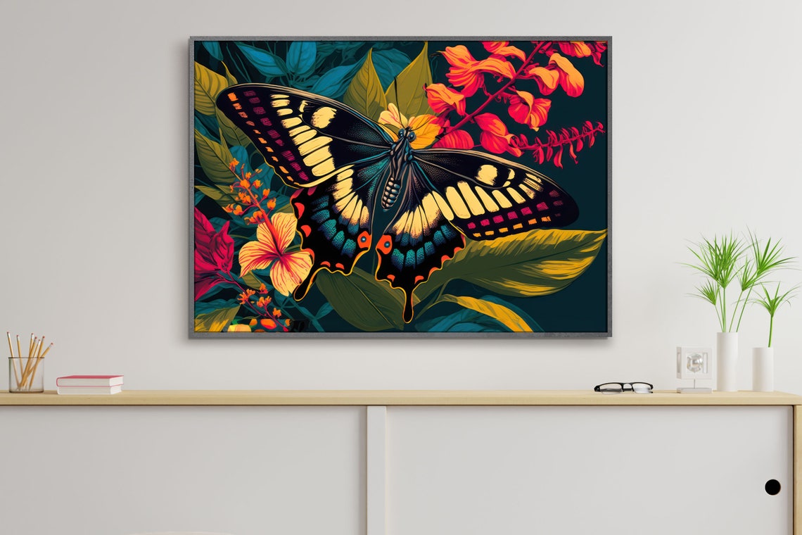 Giant Swallowtail Butterfly Poster Dark Jungle Tropical Floral Art - Image 2