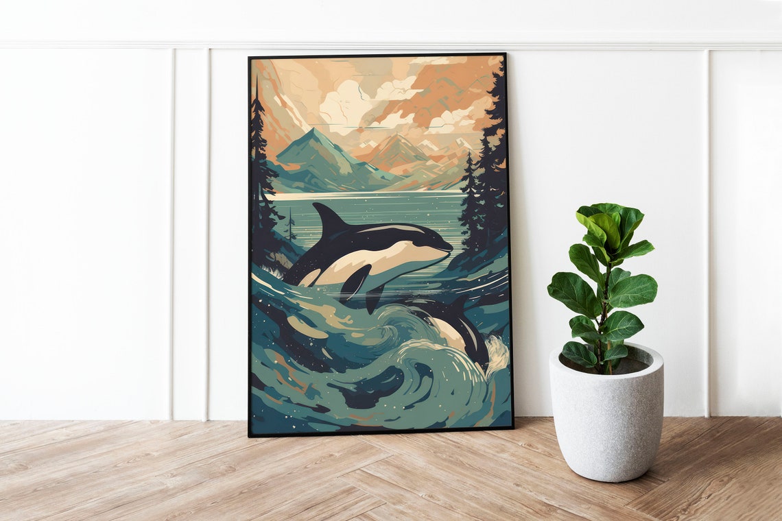 Orca Leaping From Rolling Ocean Waves Mountain Lake Art Poster - Image 3