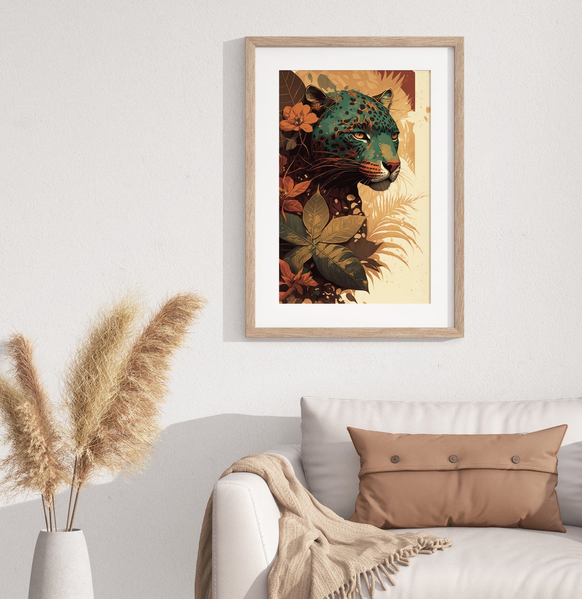 Stylized Green Jaguar Portrait With Golden Jungle Leaves Art Poster - Image 4