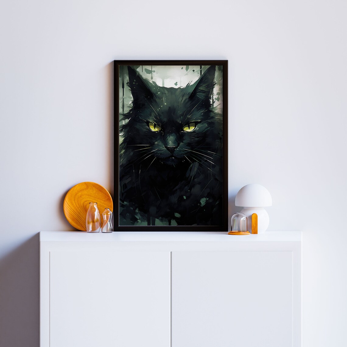 Black Cat Intense Yellow Eyes Moody Watercolor Portrait Poster