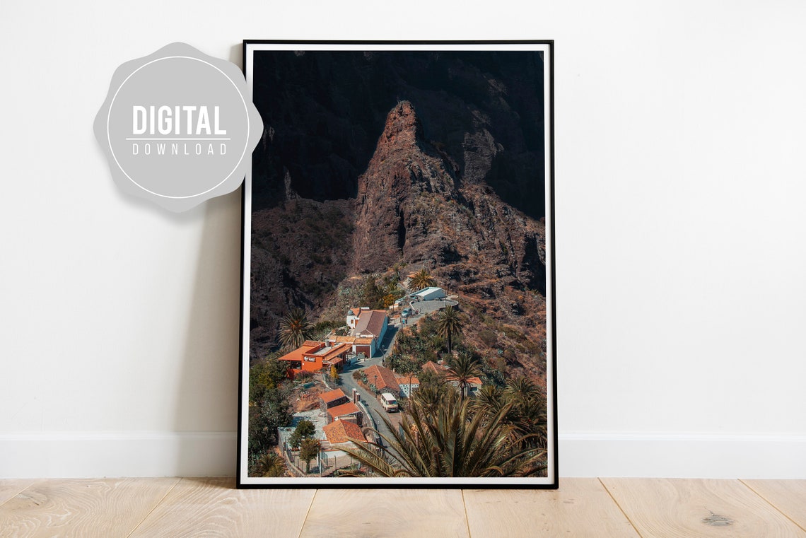 Mountain Village Under Dramatic Cliffs Palm Trees Landscape Poster