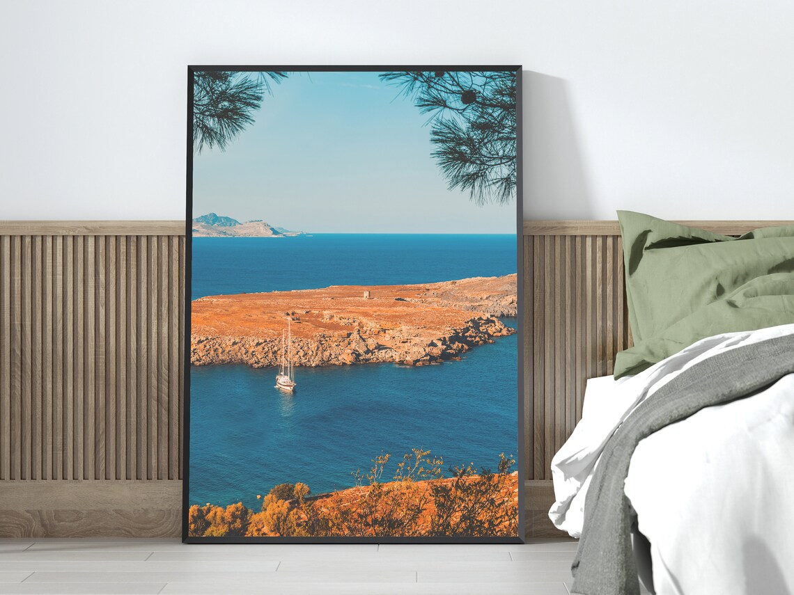 Lindos Greece Blue Cove Sailboat Photo Poster Instant Download - Image 3