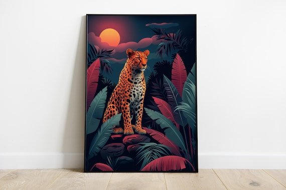 Leopard Jungle Sunset Tropical Art Print Colorful Wildlife Wall Decor