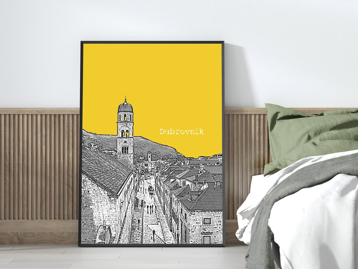Dubrovnik Yellow Pop Art Old Town Bell Tower Sketch Print Decor - Image 3