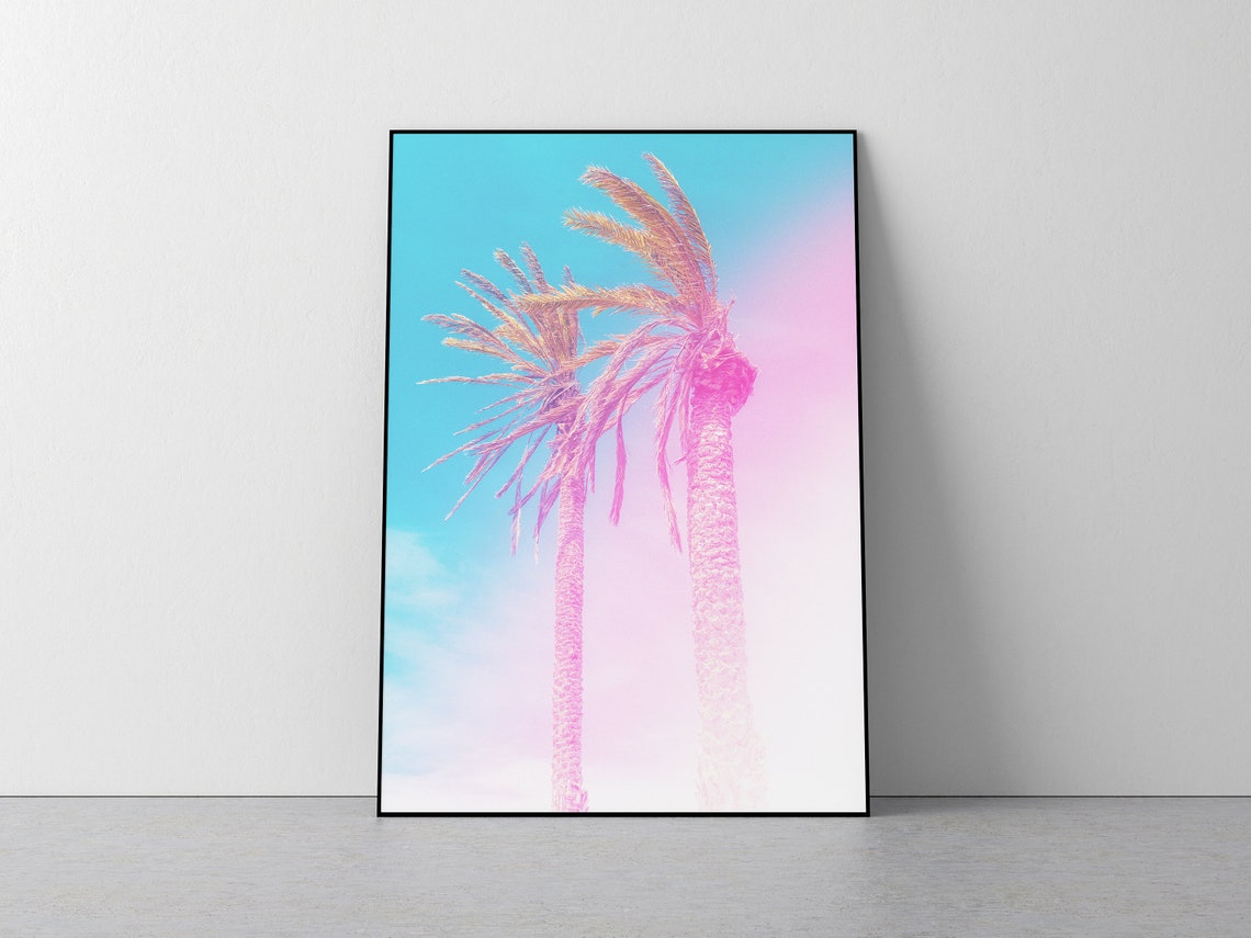 Pink Blue Palm Trees Pastel Sky Retro Aesthetic Beach Poster - Image 2