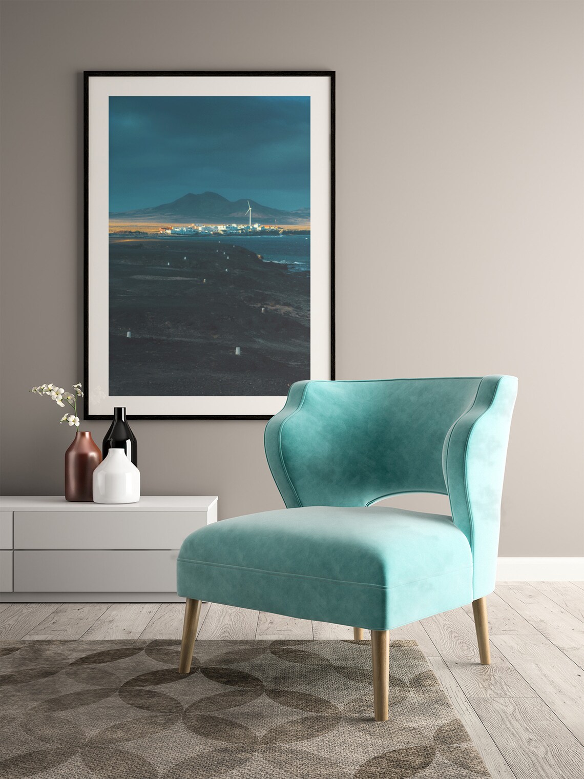 Moody Night Coastal Town With Wind Turbine And Mountain Photo Poster - Image 3