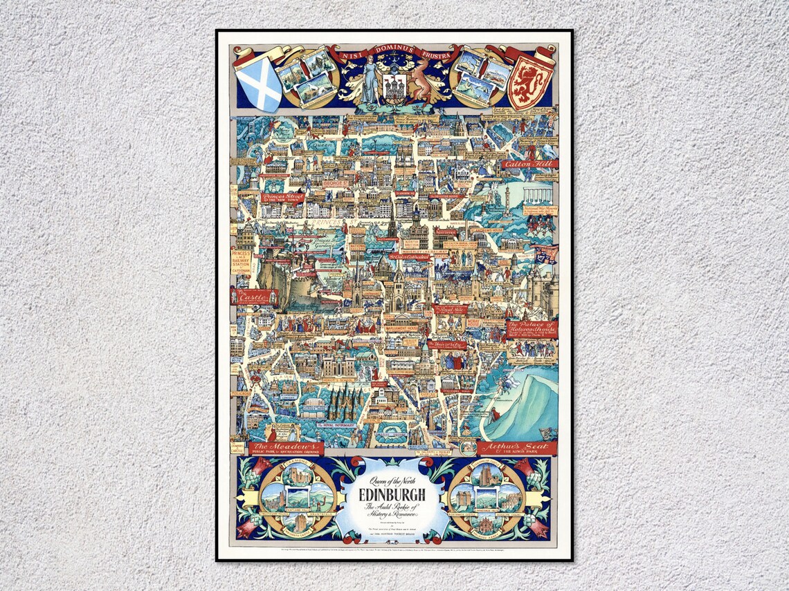 Edinburgh Vintage Map Travel Poster, Historic City