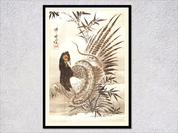 Japanese Pheasant Snake Struggle Bamboo Ink Wash Wildlife Art Print