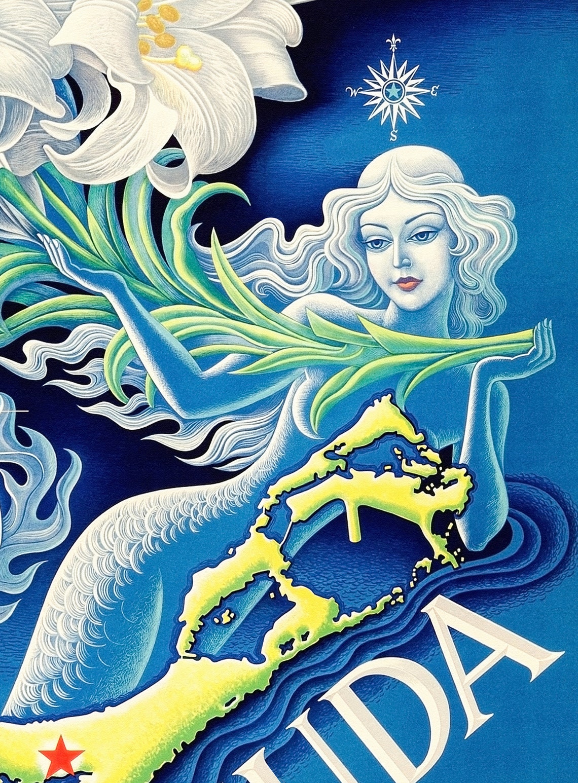 Bermuda Island Spirit Mermaid Compass Map Vintage Island Travel Poster
