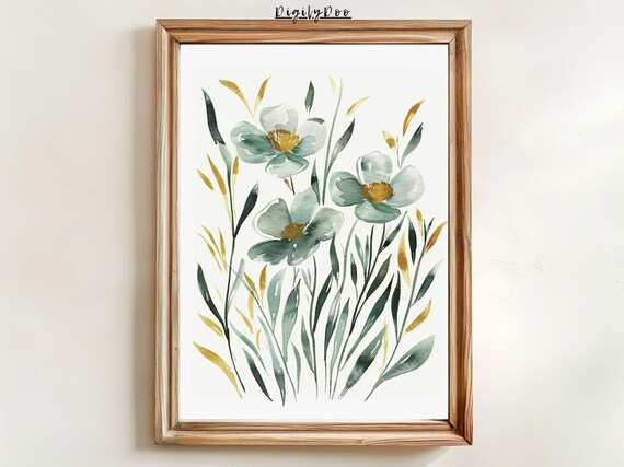 Sage Green Wildflowers Golden Centers Watercolor Botanical Print