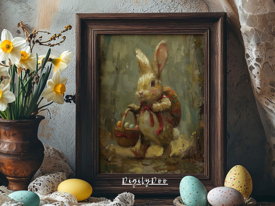 Cute Easter Bunny Hiking Art Print, Spring Nursery Decor