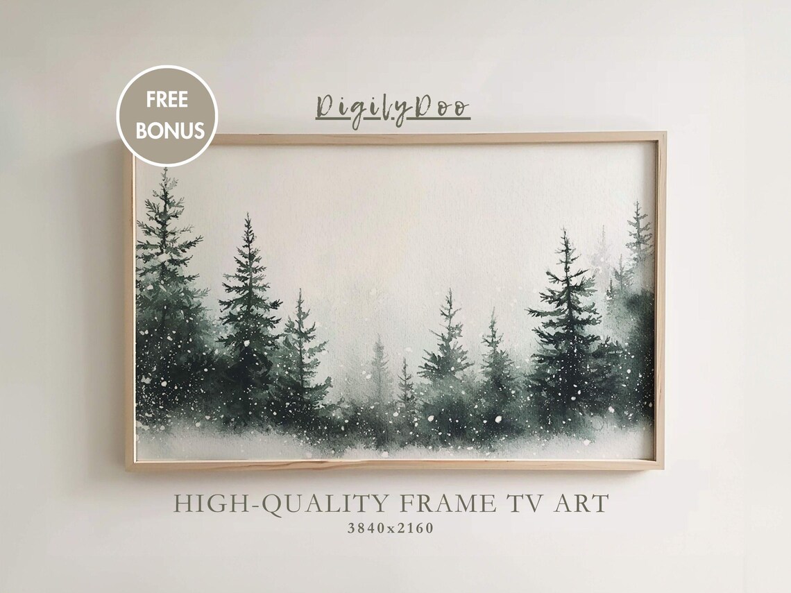 Snowy Pine Tree Forest, Neutral Winter Holiday Art Print