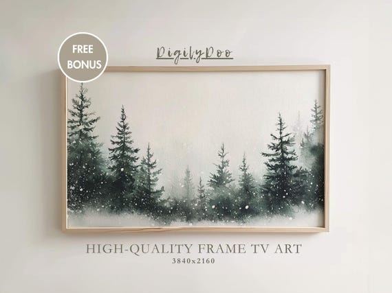 Snowy Pine Tree Forest, Neutral Winter Holiday Art Print