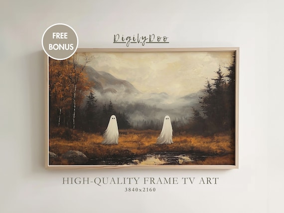Two Ghosts Misty Autumn Mountain Landscape Vintage Halloween Poster