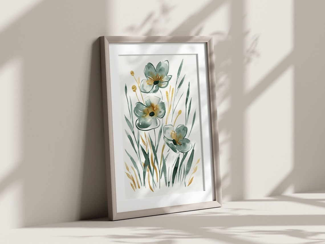 Sage Green Watercolor Wildflowers Gold Accents Botanical Print - Image 2