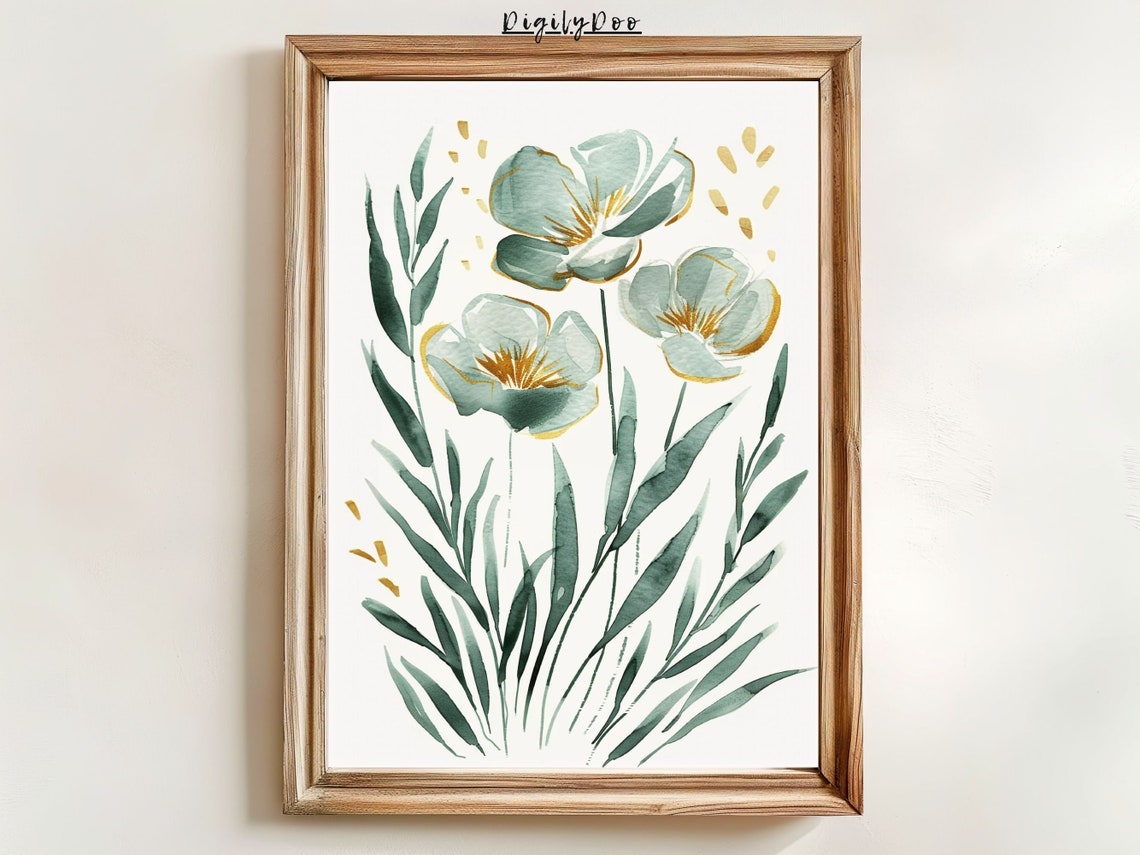 Sage Green Daisies Wildflower Botanical Watercolor Easter Wall Art