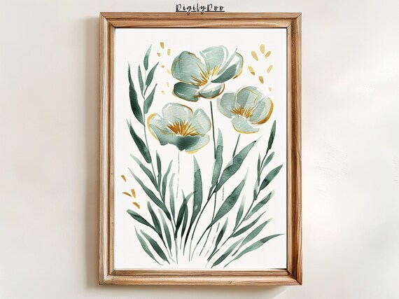 Sage Green Daisies Wildflower Botanical Watercolor Easter Wall Art