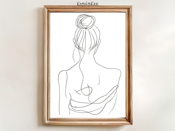 Elegant Woman Back Minimalist One Line Drawing Hair Bun Wall Art