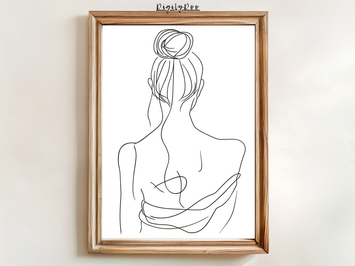 Elegant Woman Back Minimalist One Line Drawing Hair Bun Wall Art