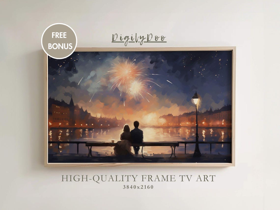 Romantic Couple Date Bench Fireworks Night Lake Painterly Poster