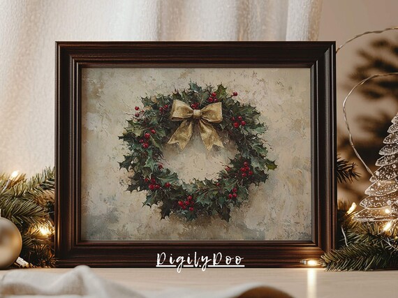 Christmas Rustic Wreath Wall Art Vintage Xmas Still Life Art Print Winter Holiday Decor Natural Moody Prints Antique Painting