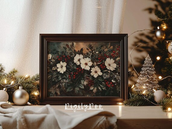 Winter Flower Print Christmas Decor Vintage Xmas Wall Art Print Winter Holiday Decor Dark Moody Winter Floral Bouquet Painting